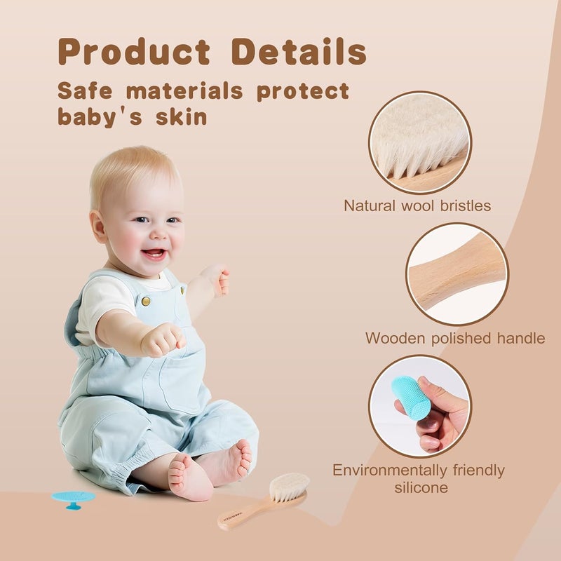 SAMEBUTECO Baby Hair Brush Set,3 in1 Kit,1 Pack Goat Hair Bristles Brush 2 Pieces Silicone Cradle Cap Brushes Wood Handle Newborn Brush for Newborns and Toddlers - Image 5